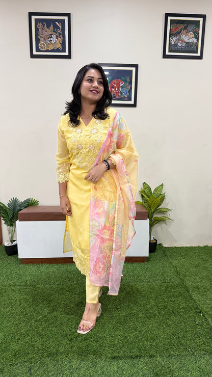 Women’s Organza Embroidered Suit Set with Viscose Silk Pant and Digital Print Dupatta – L to 3XL