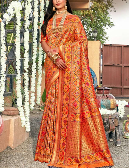 Orange Designer Silk Saree with Heavy Embroidery Work and Unstitched Blouse for Festive and Wedding Wear