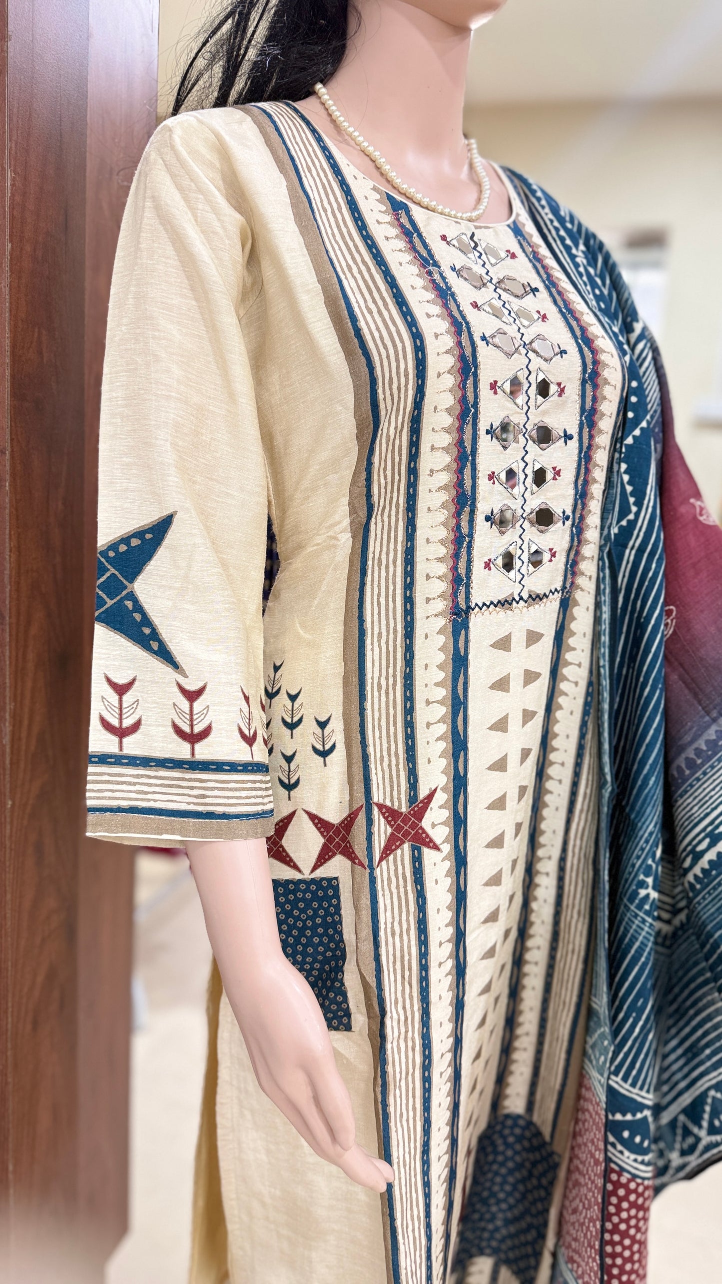 Linen silk kurta pant dupatta set for women with mirror and thread detailing, tribal print ethnic 3 piece set