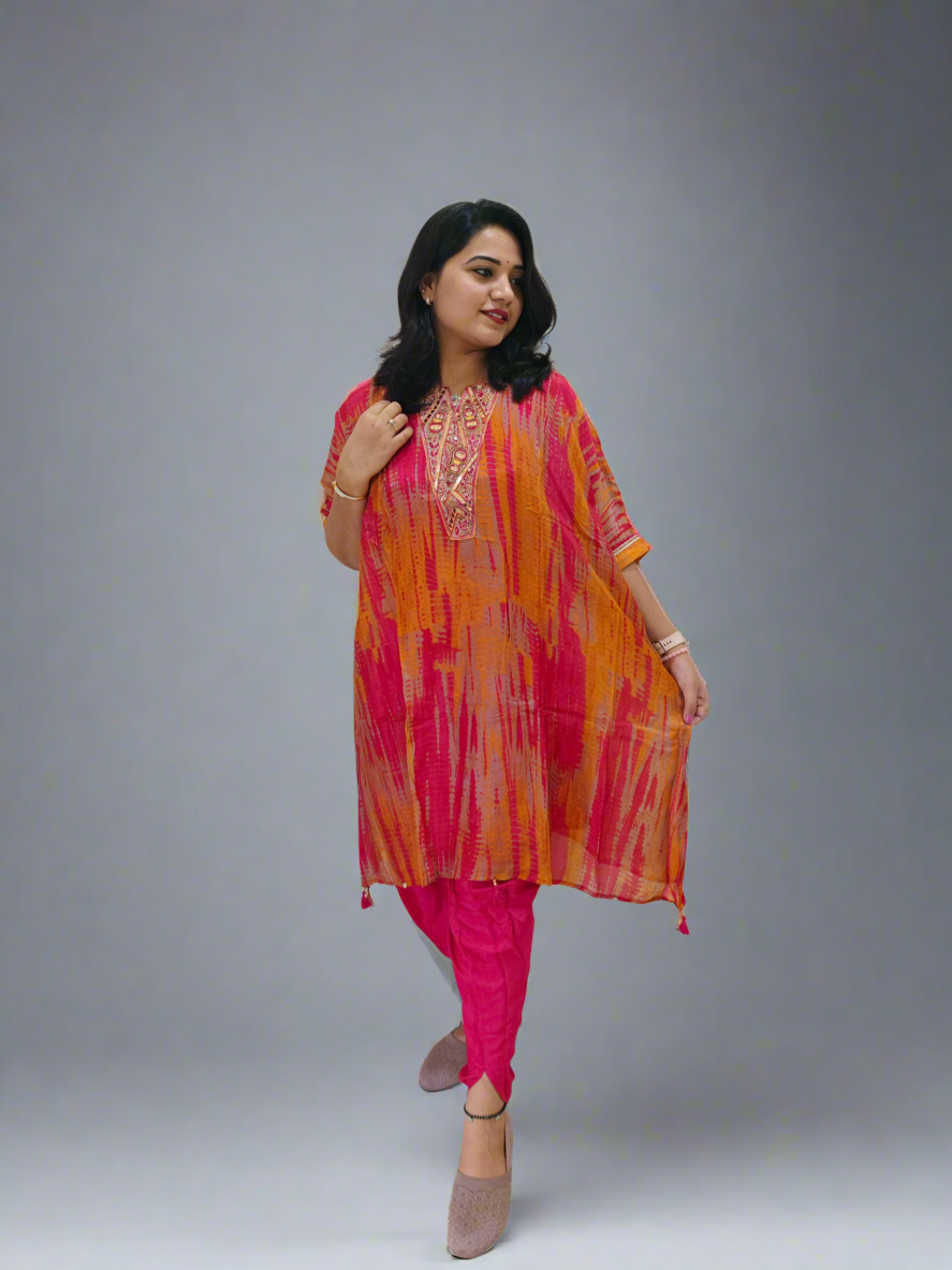Habutai Silk Kaftan Kurti with Tulip Pant Set Featuring Mirror Embroidery and Tassels