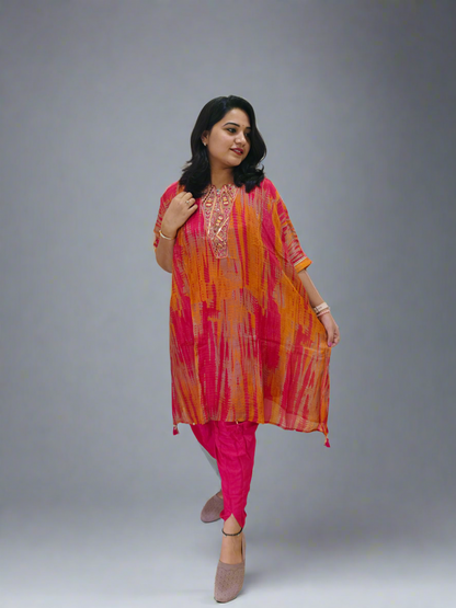 Habutai Silk Kaftan Kurti with Tulip Pant Set Featuring Mirror Embroidery and Tassels