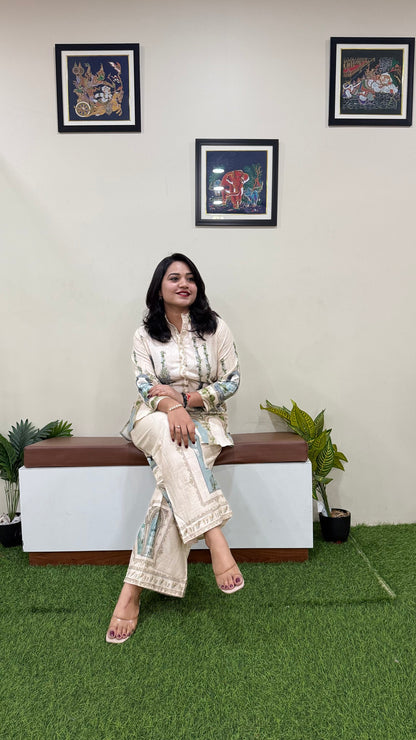 Women's Mughal Print Flex Cotton Co-ord Set with Button-Down Shirt and Flared Palazzo