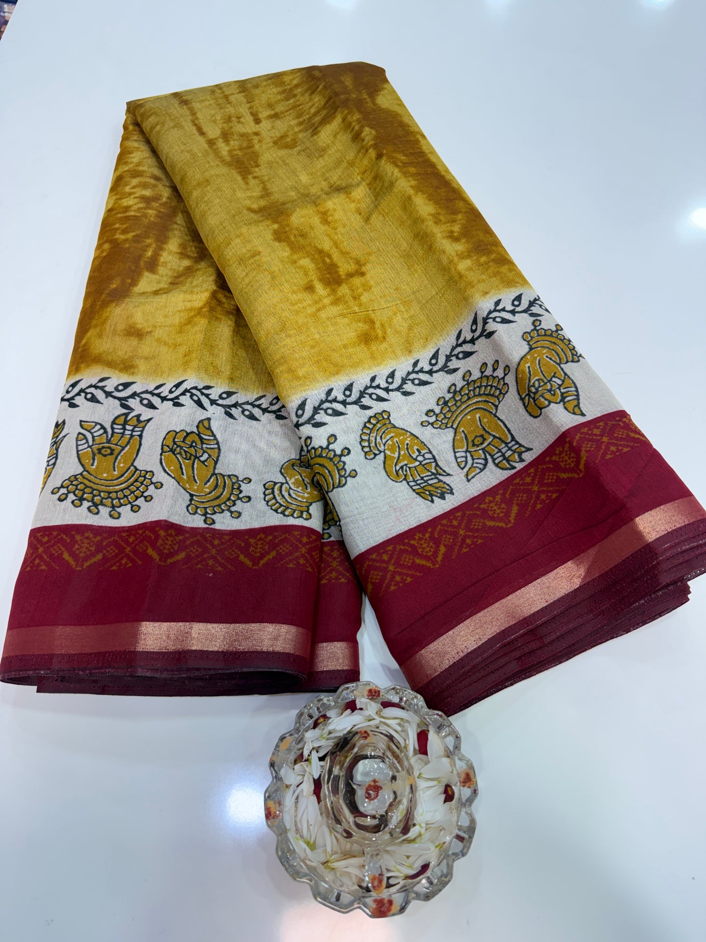 Silk blend printed saree with contrast border and pallu print, 6.3m with running blouse, 6 color options
