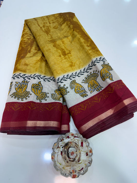 Silk blend printed saree with contrast border and pallu print, 6.3m with running blouse, 6 color options