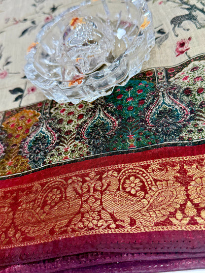 Chennuri silk style printed saree with traditional artwork border and unstitched blouse fabric for women