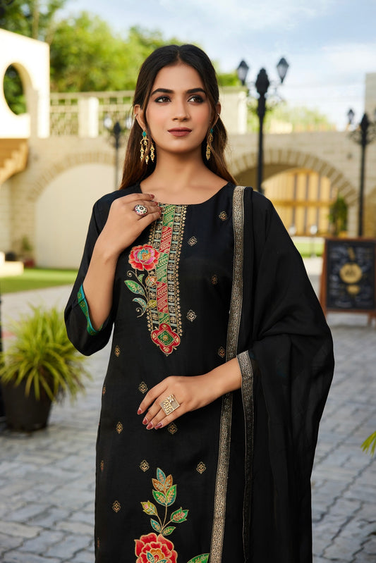 Russian Silk Kurti Pant Dupatta Set with Organza Dupatta and Handwork – Sizes M to 2XL