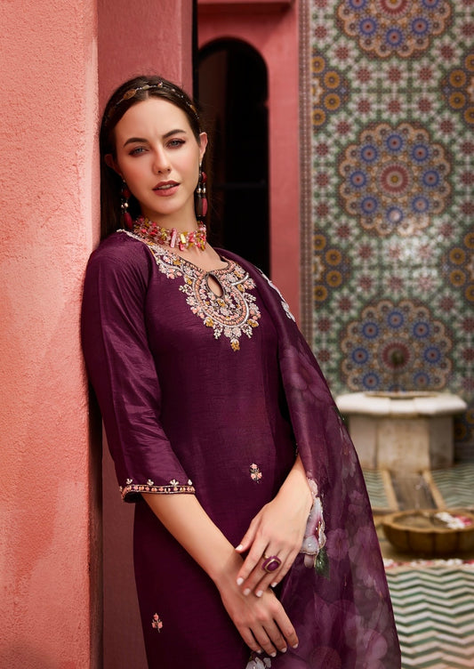 Dola Silk Kurti Pant Set with Organza Digital Print Dupatta and Heavy Handwork – Ethnic Set for Women