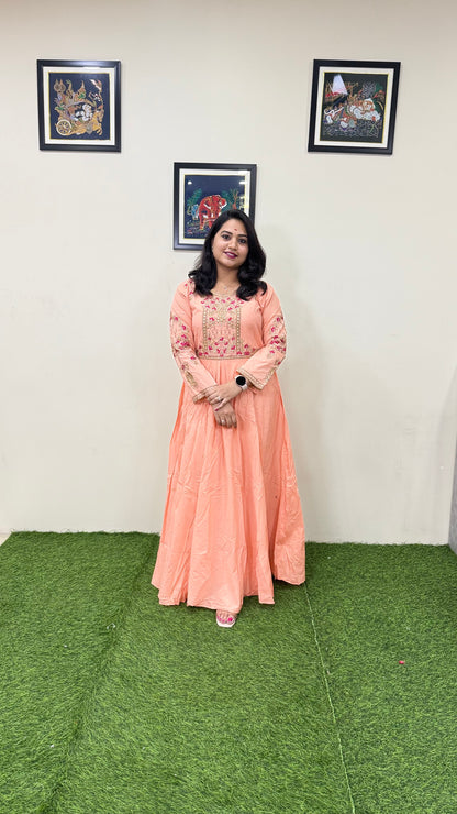 Muslin Silk Embroidered Gown for Women with Handwork and Malai Crepe Inner – 56+ Inch Length