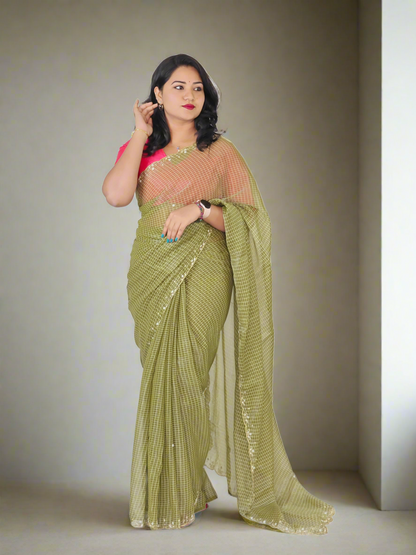 Handwork Nora Chex Saree with Pearl, Cutdana & Sequin Embroidery and Bangalori Silk Blouse