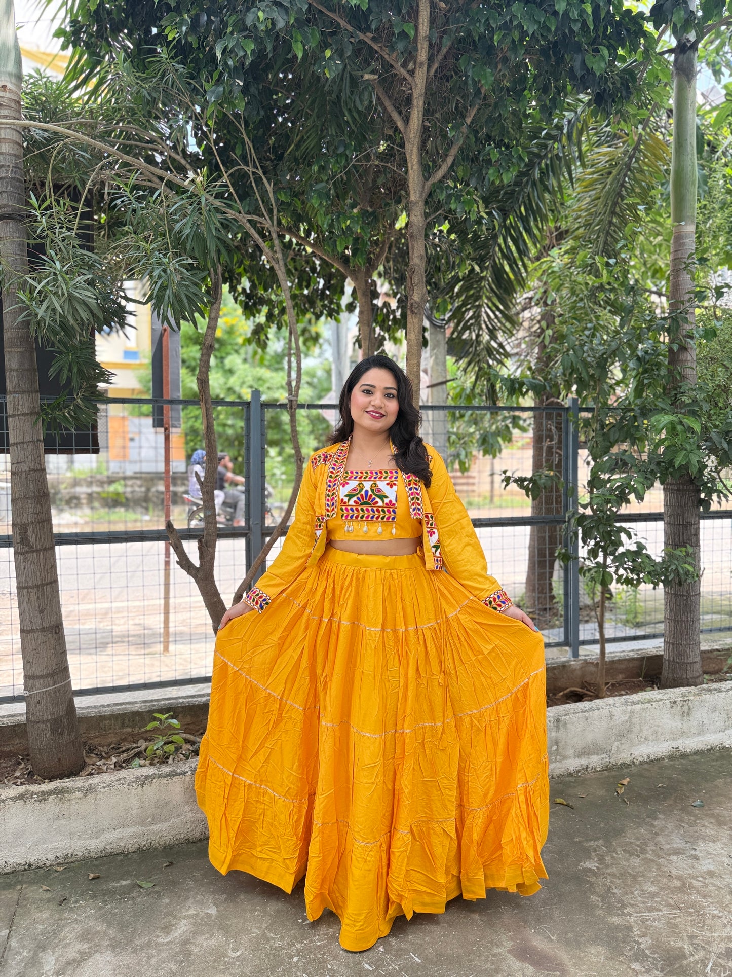 Rayon Lehenga Choli with Embroidered Gamthi Work Koti and Cowrie Lace – Navratri and Festive Wear