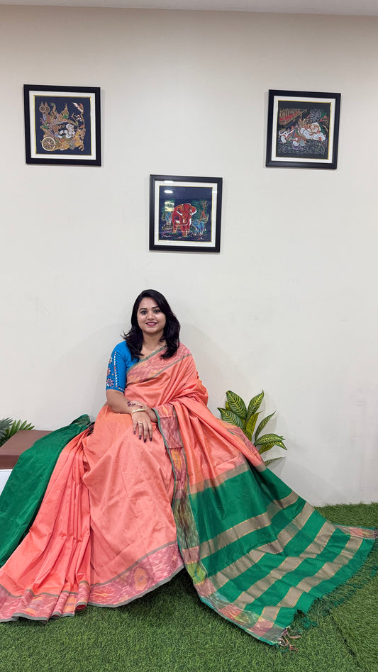 Venkatagiri Silk Cotton Saree with Zari Pochampally Border, Contrast Pallu and Blouse for Women