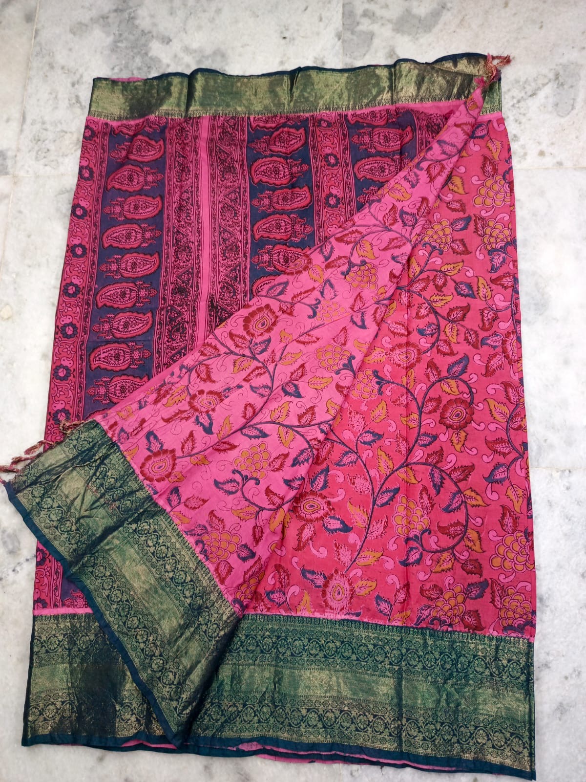 Handloom Nellore Silk Saree for Women – Kalamkari Print with Kanchi Border and Blouse Piece