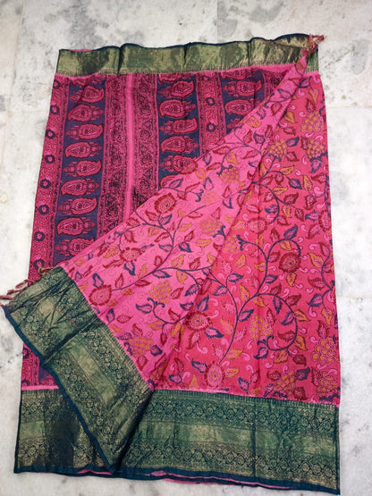 Handloom Nellore Silk Saree for Women – Kalamkari Print with Kanchi Border and Blouse Piece