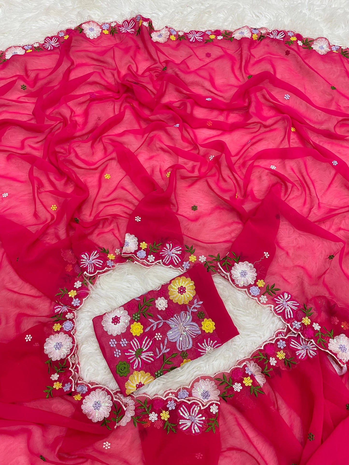 Women’s Pure Georgette Saree with Multi-Color Thread Work, Tassels and Heavy Embroidered Blouse