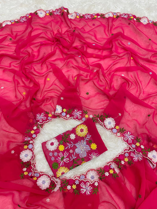 Women’s Pure Georgette Saree with Multi-Color Thread Work, Tassels and Heavy Embroidered Blouse