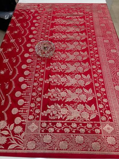 Mashru katan silk saree for women with Banarasi-style zari weaving and contrast brocade blouse piece