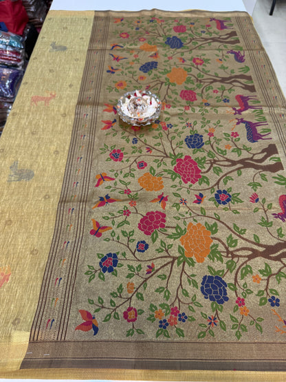 Linen Paithani style printed saree with floral tree border and tassel pallu, women’s festive daily wear saree