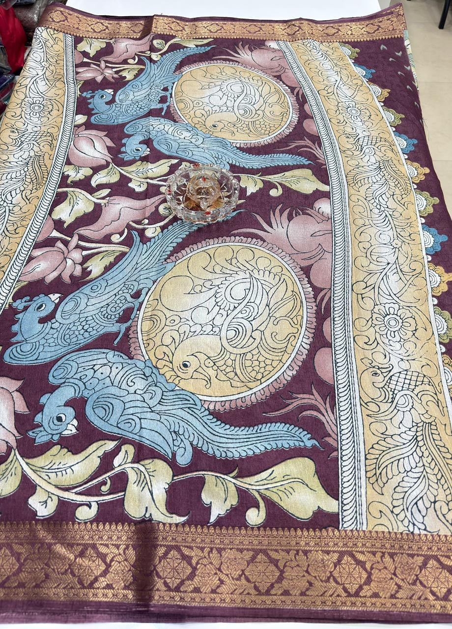 Silk blend printed saree with floral and bird motifs, zari border, women’s festive wear saree