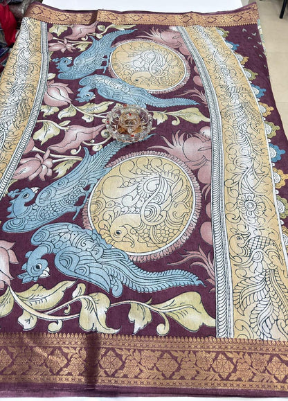 Silk blend printed saree with floral and bird motifs, zari border, women’s festive wear saree