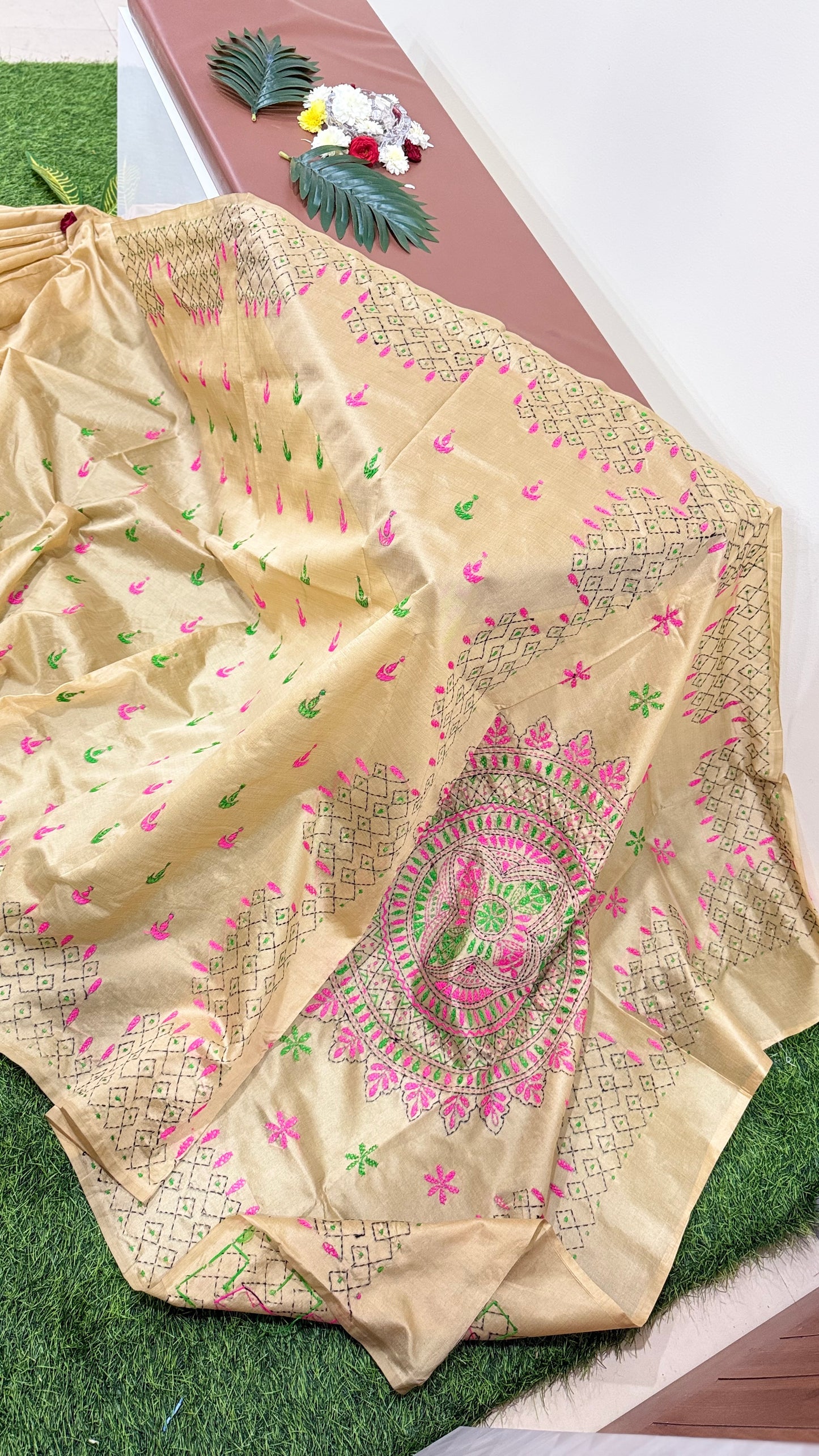 Assam Silk Saree with Kantha Stitch Hand Embroidery and Matching Blouse – Women’s Ethnic Wear