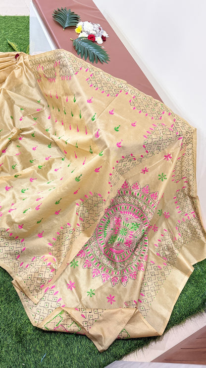 Assam Silk Saree with Kantha Stitch Hand Embroidery and Matching Blouse – Women’s Ethnic Wear