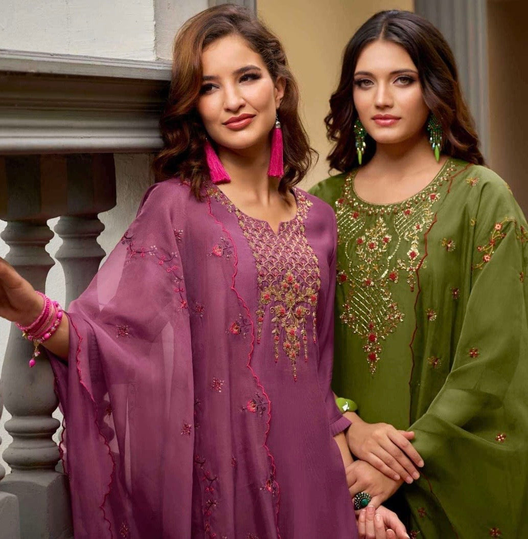 Milan Silk Handworked Kurta Pant Dupatta Set with Embroidered Organza Dupatta – Sizes M to XXL