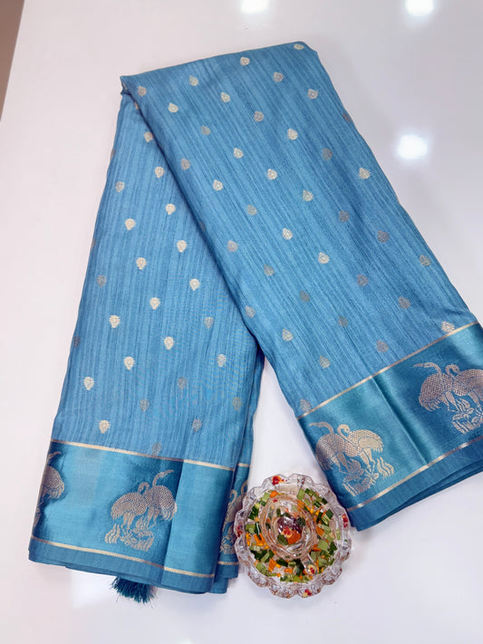 Tussar silk saree with satin border and zari woven motifs for women