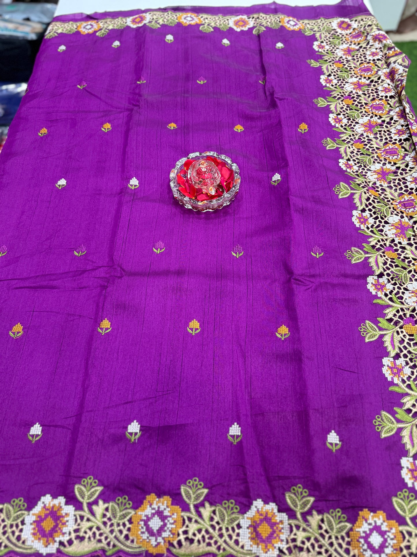 Matka Silk Saree with Embroidered Buttis, Cutwork Big Pallu, and All-Over Cutwork Panel