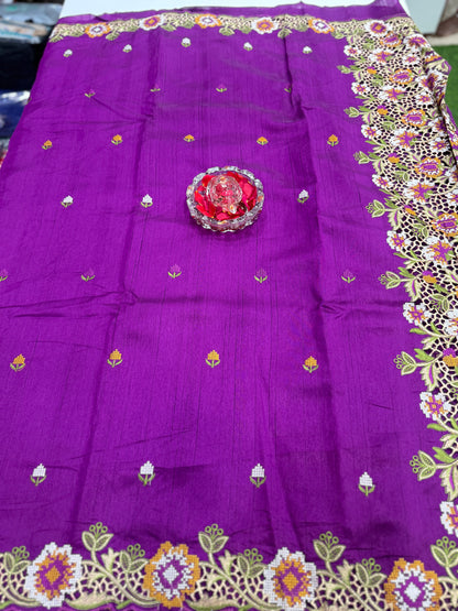 Matka Silk Saree with Embroidered Buttis, Cutwork Big Pallu, and All-Over Cutwork Panel