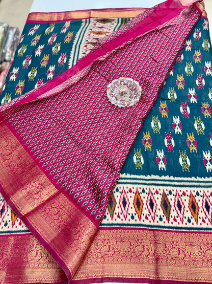 Semi Maheshwari Silk Saree with Zari Border & Ikat Style Weaving for Women