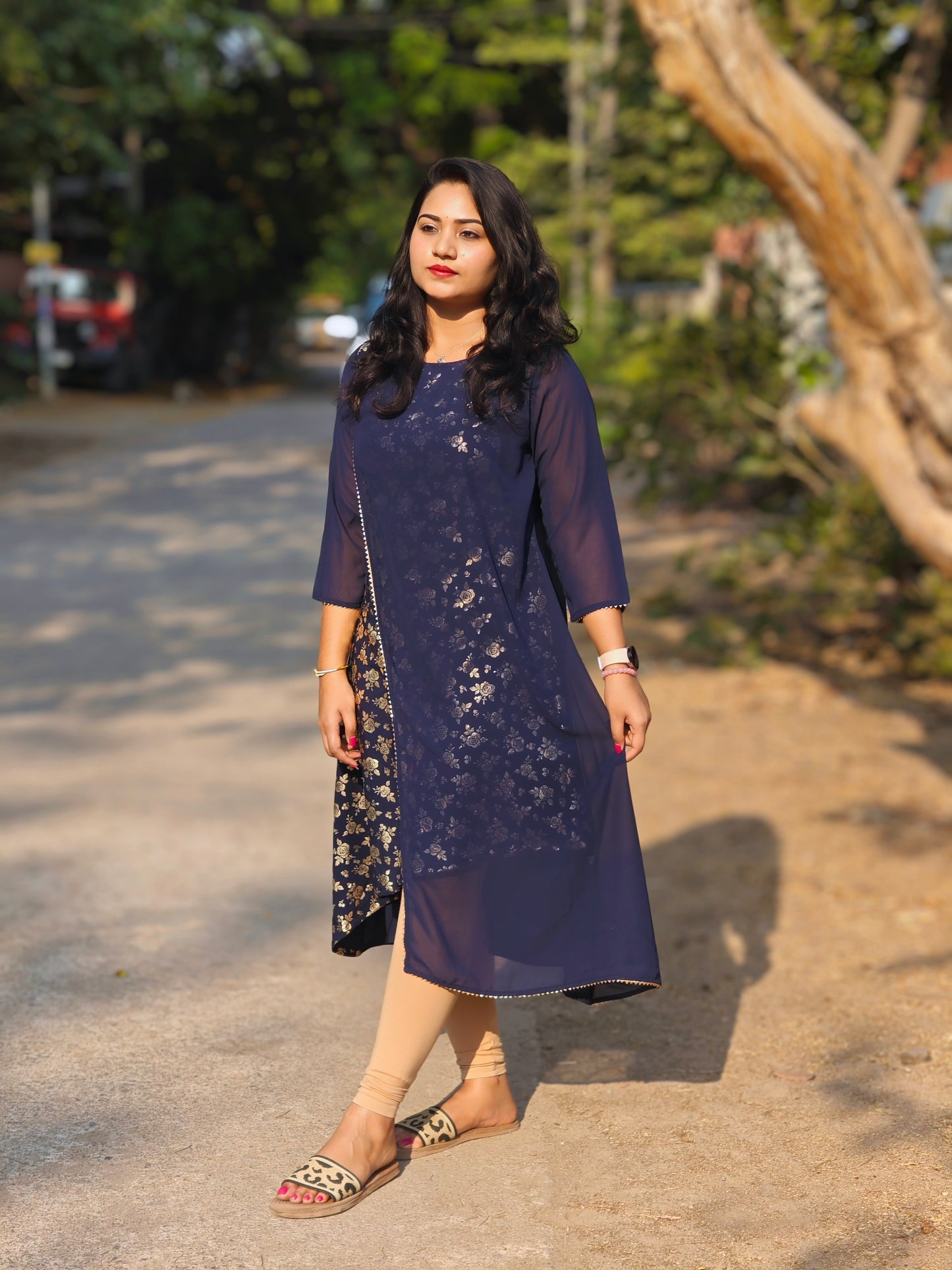 Navy Blue American Crepe Foil Printed A-Line Kurta for Women – M to 2XL