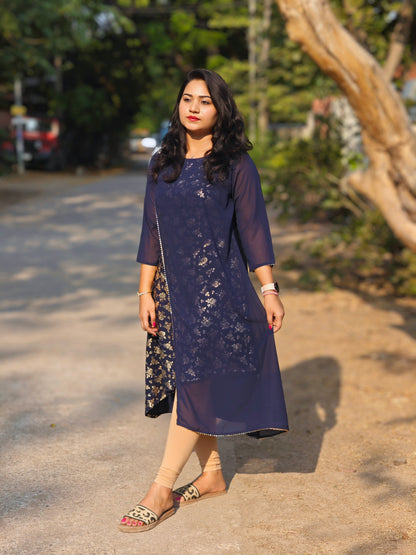 Navy Blue American Crepe Foil Printed A-Line Kurta for Women – M to 2XL
