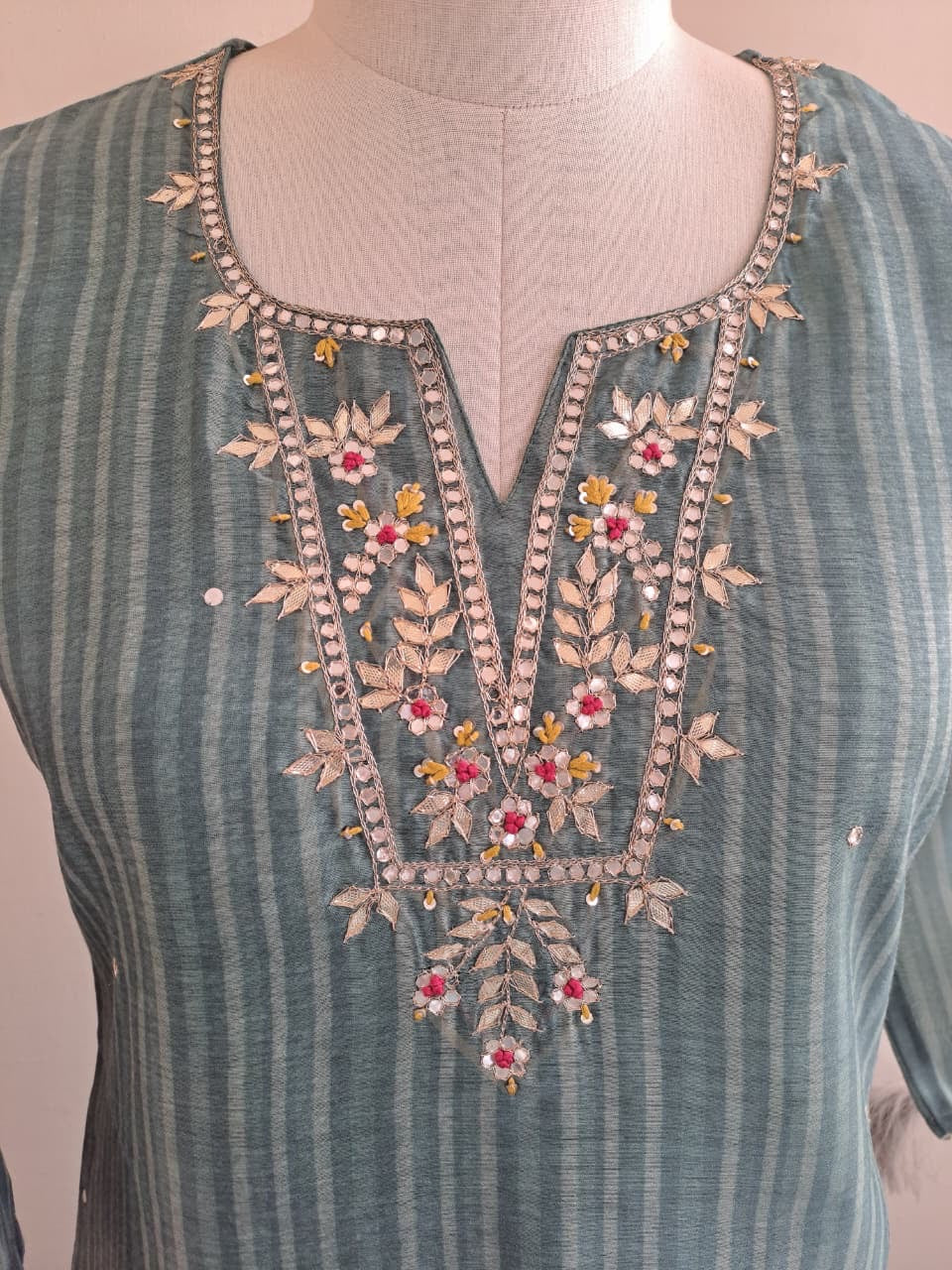 Digital Chanderi Kurta Set with Sequence and Zari Pittan Embroidery, Cotton Pant and Printed Dupatta