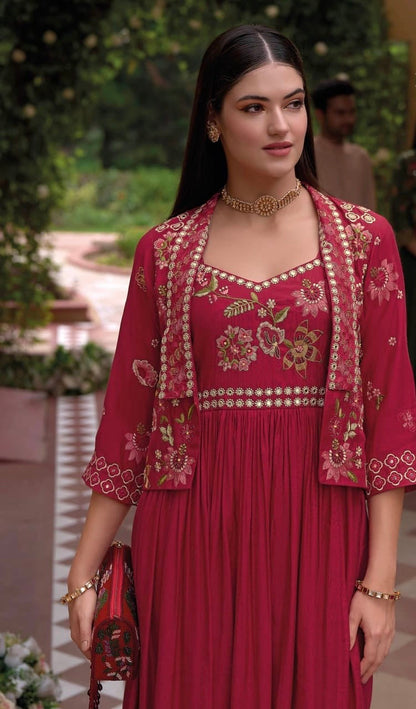 Pure Viscose Silk Gown Pant Set with Embroidered Organza Koti – Women’s Festive Ethnic Wear