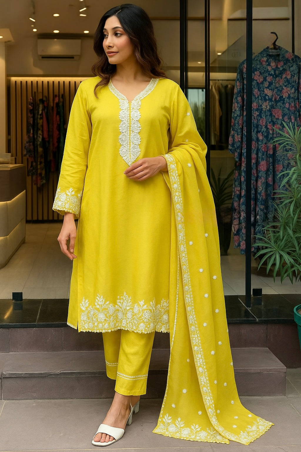 Yellow Cotton Suit Set with Chicken Lace Work Kurti Pant and Malmal Dupatta for Women