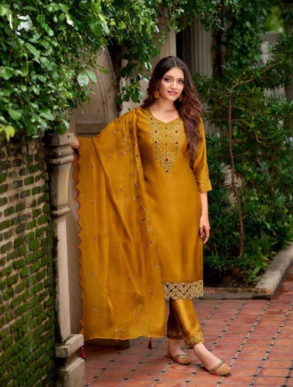 Milan Silk Handworked Kurta Pant Dupatta Set with Embroidered Organza Dupatta – Sizes M to XXL