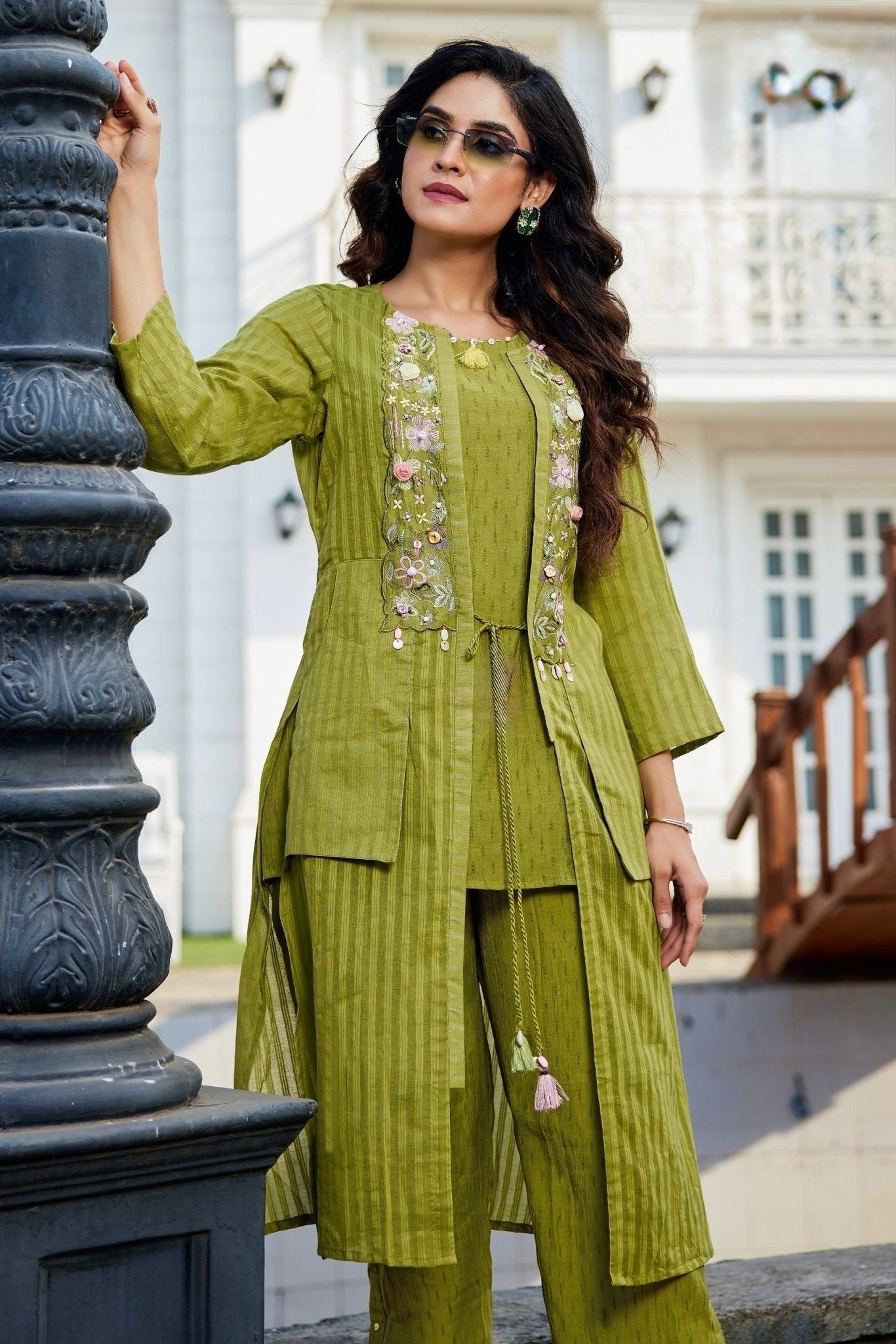 Cotton Co-Ord Set for Women with 3D Embroidery and Tassel Layered Jacket