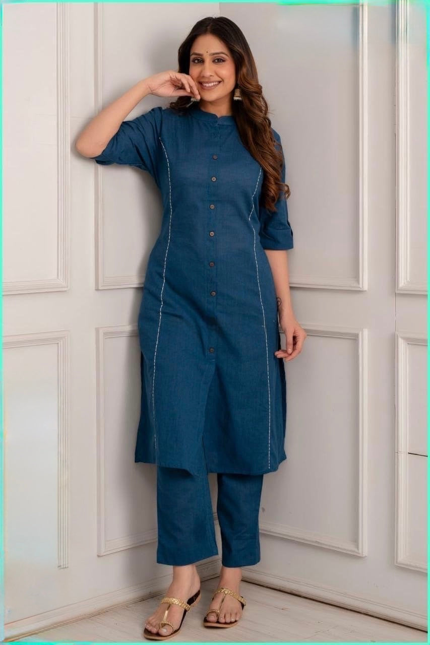 Premium Cotton A-Line Kurti Pant Set for Women with Kantha Stitch and Functional Pockets