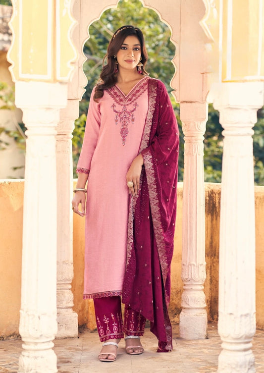 Viscose Embroidered 3-Piece Suit Set with Jacquard Dupatta – XL to 3XL