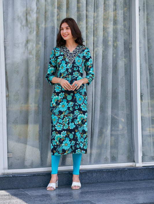 Heavy Rayon Foil Print Kurti with Heavy Sequence Work – Sizes S to 4XL