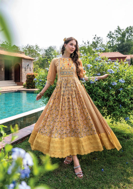 Women’s Malai Cotton Designer Gown with Digital Print and Tassel Detailing – Sizes L to 3XL