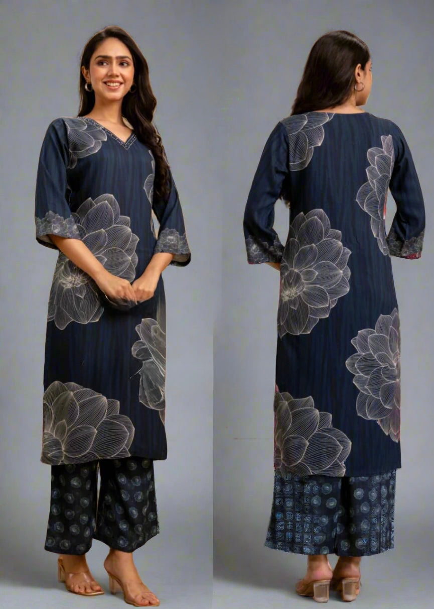 Rayon Digital Print A-Line Co-Ord Set for Women with Handwork Neck and Palazzo – Summer Casual Wear