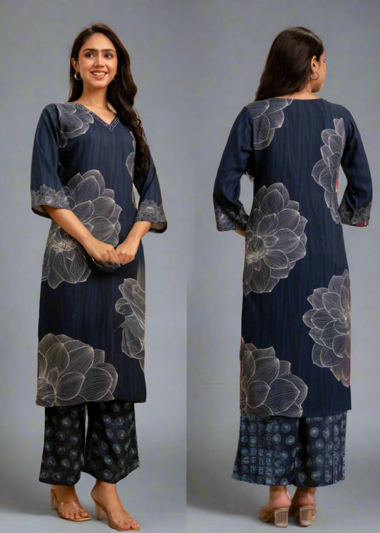 Rayon Digital Print A-Line Co-Ord Set for Women with Handwork Neck and Palazzo – Summer Casual Wear