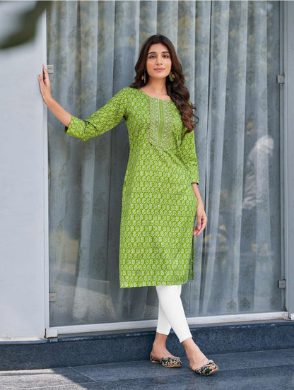 Heavy Rayon Foil Print Kurti with Heavy Sequence Work – Sizes S to 4XL
