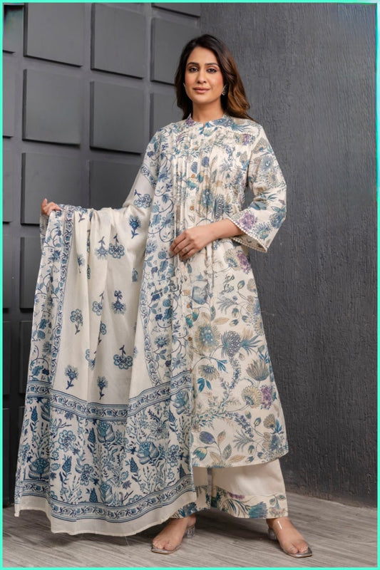 Cotton Floral A-Line Kurta Plazo Dupatta Set with Lace Detailing and Mul Cotton Dupatta – Sizes 38, 40