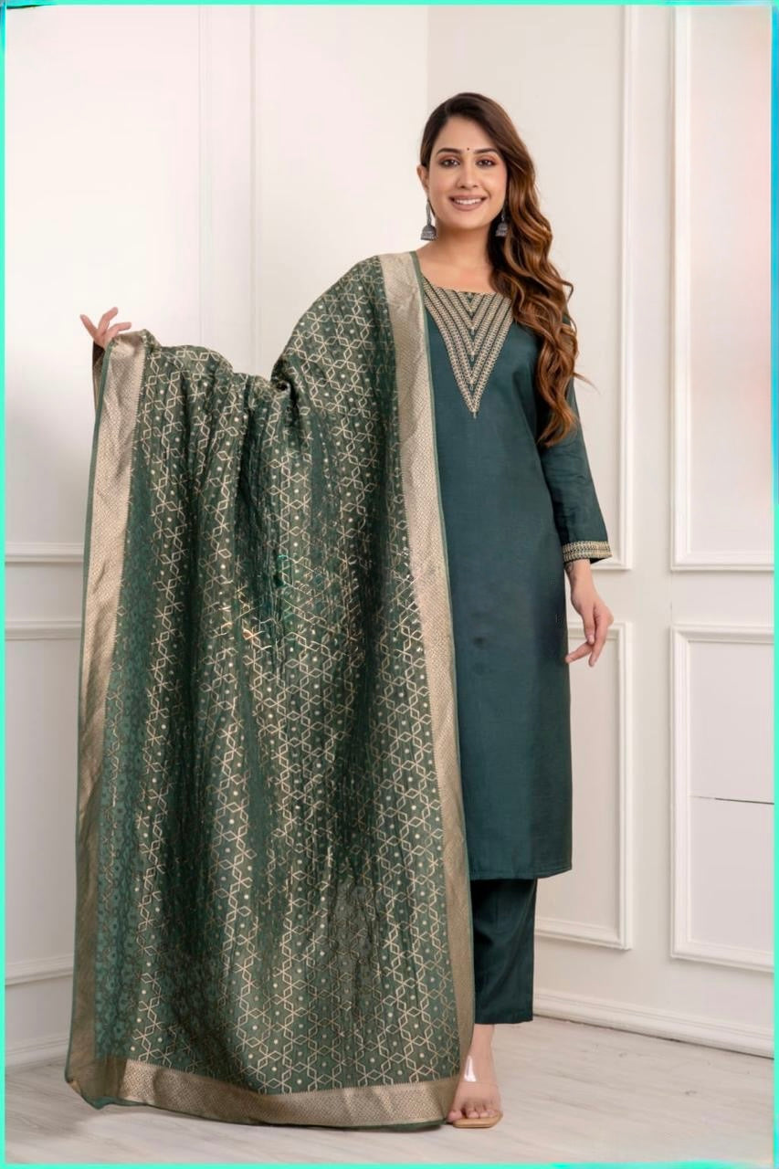 Viscose Dola Silk Suit Set with Zari Embroidery and Banarasi Dupatta – Women’s Festive Wear