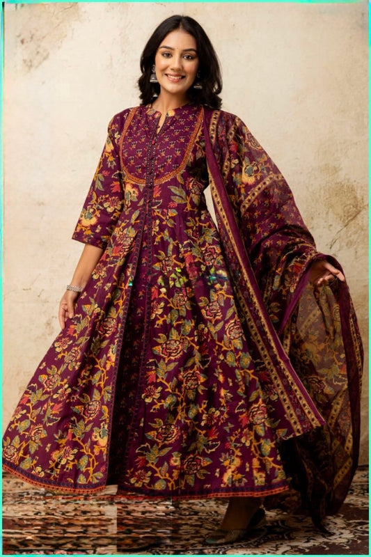 Indo-Western Cotton Outfit with Floral Print and Embroidered Yoke – Women’s Festive Wear