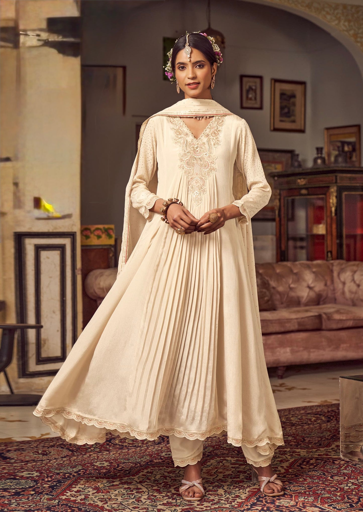 Women’s Premium Chinon Kurti Set with Swarovski Highlights and Khatli Handwork – XL to XXL