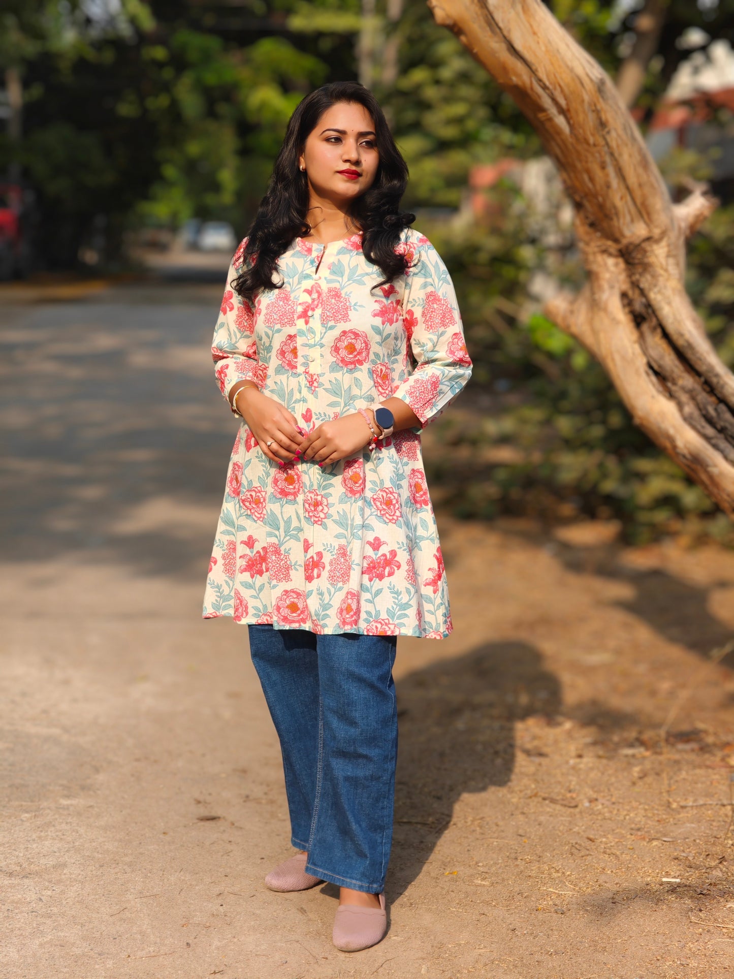 Cream Cotton Floral Printed Tunic with Three-Quarter Sleeves for Women – XL to 3XL