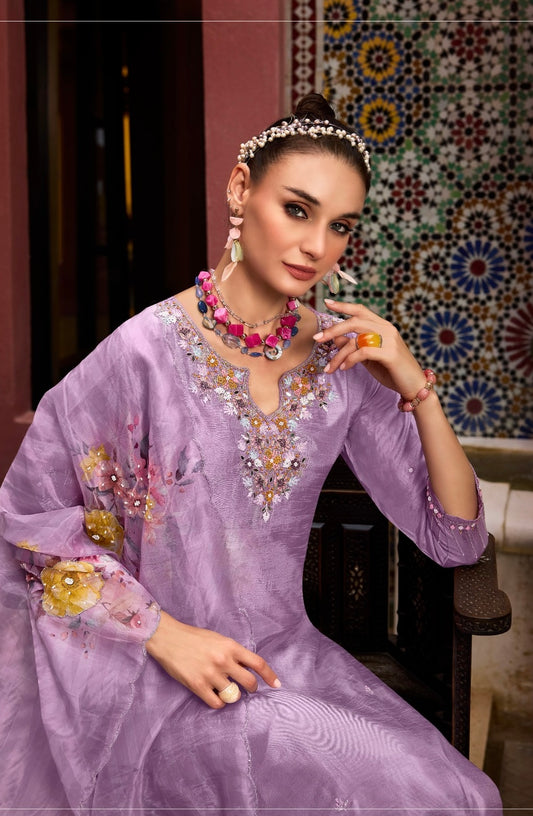 Dola Silk Kurti Pant Set with Organza Digital Print Dupatta and Heavy Handwork – Ethnic Set for Women